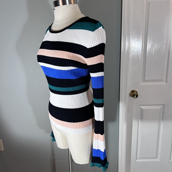 Scripted Sz L Black White Green Peach Blue Ribbed Striped Bell sleeve Top POSH44 - Picture 8 of 12